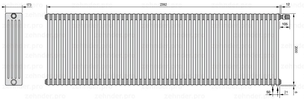 Схема (чертеж) Радиатор Zehnder Charleston 5200/52 №V002 Белый глянцевый RAL 9016